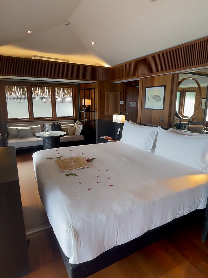 The bed in the overwater villa, from our own footage