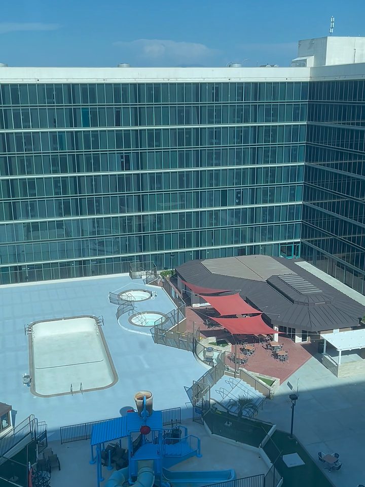 The pool deck from the room, from our own footage