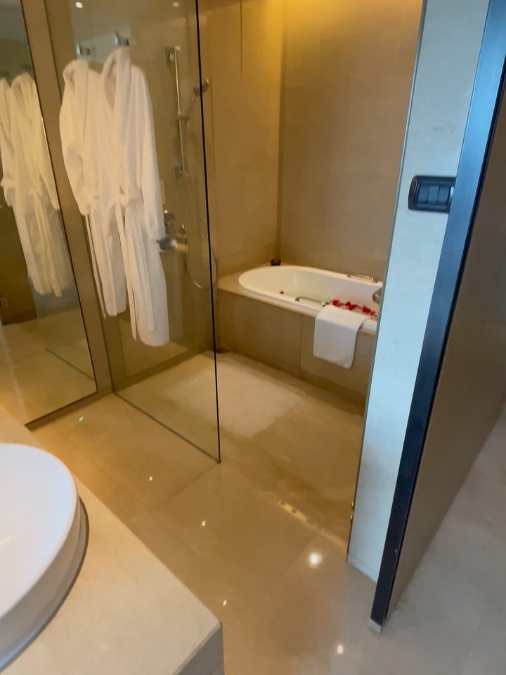 The bathtub and glass shower, from our own footage