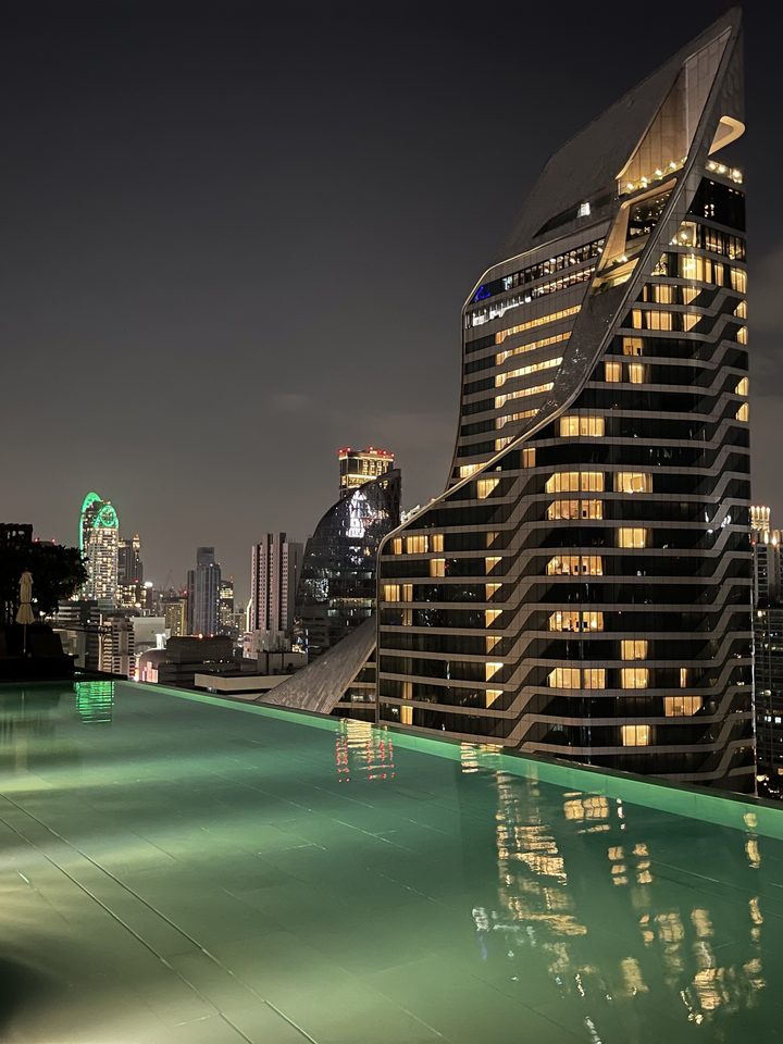 The rooftop pool at night, from our own footage