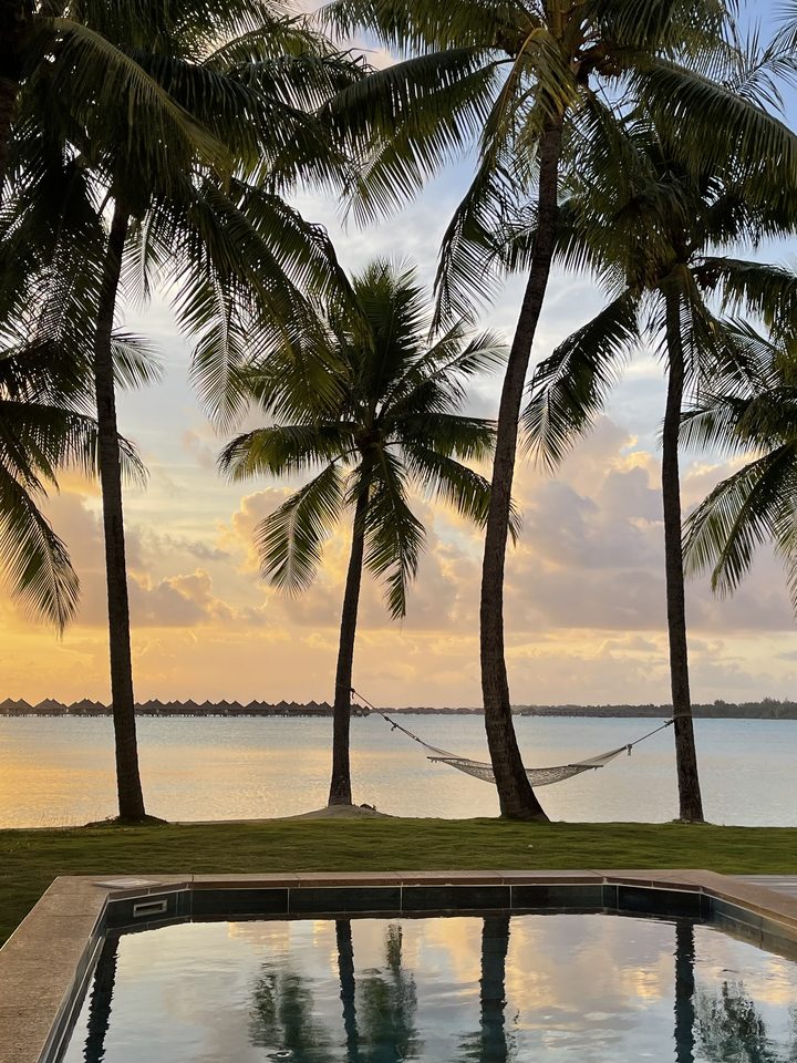 The plunge pool and the lagoon at sunset, from our own footage
